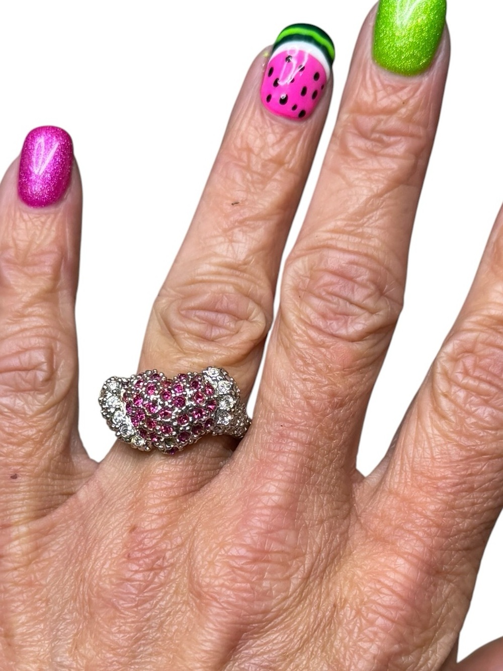 Vintage Boutique Silver Tone Pink Rhinestone Heart Ring - Size 6